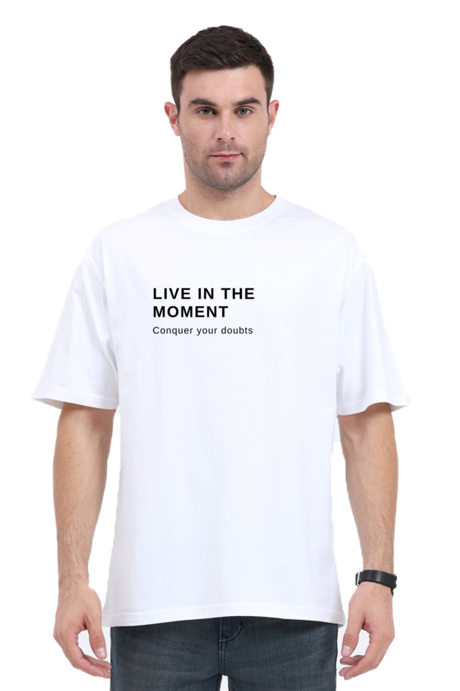 Live In The Moment - Evoke Bean Unisex Oversized Printed Graphic T-Shirt – White