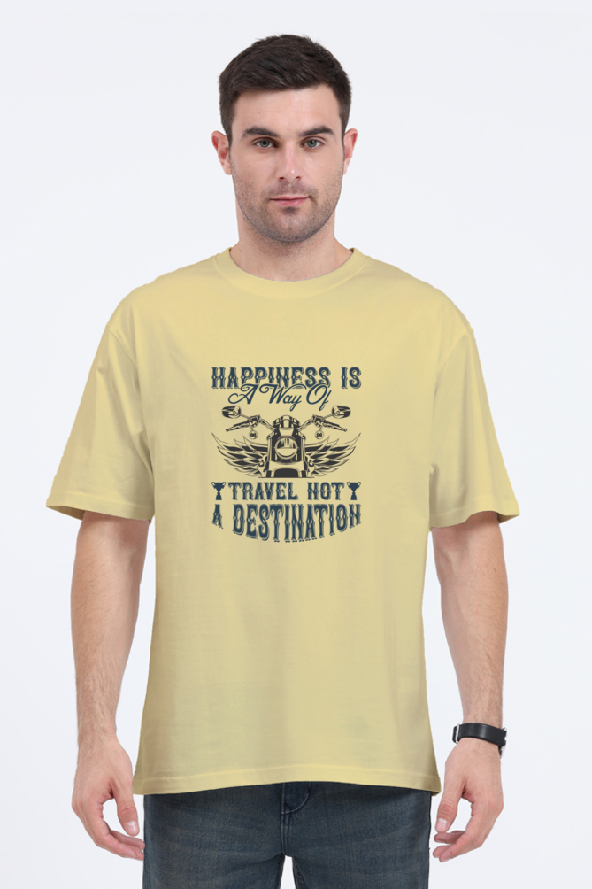 HappinessIs A Way Of Travel Not A Destination - Evoke Bean Unisex Oversized Printed Graphic T-Shirt – Beige